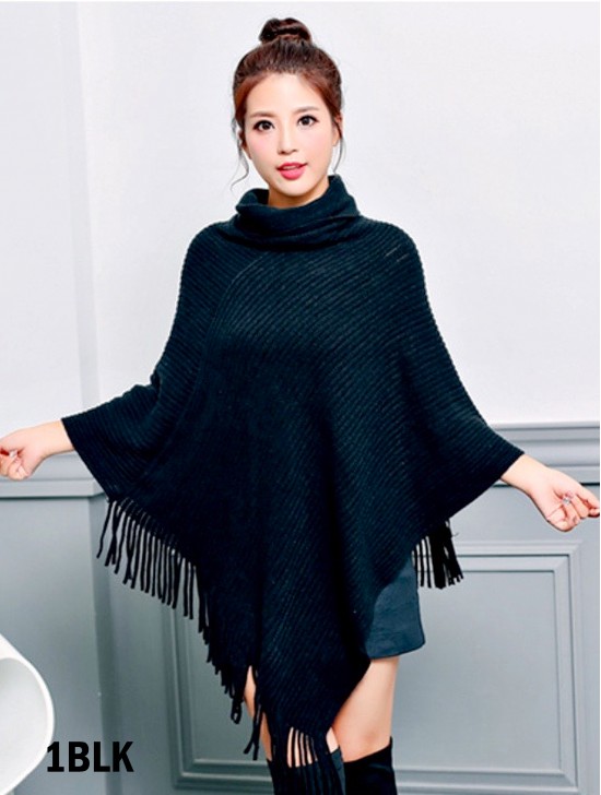 Soft Knitted Solid Poncho W/ Loose Turtle Neck & Fringe